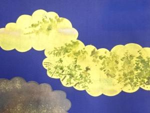 アンティーク　塩瀬　金彩　雲に樹木風景模様織り出し名古屋帯